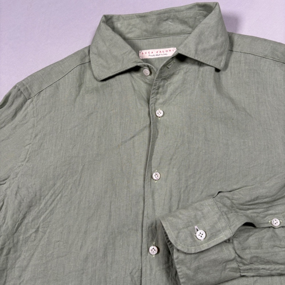 Luca Faloni Linen Button Down Mens 15.75 40 Green Portofino Shirt Made in Italy
